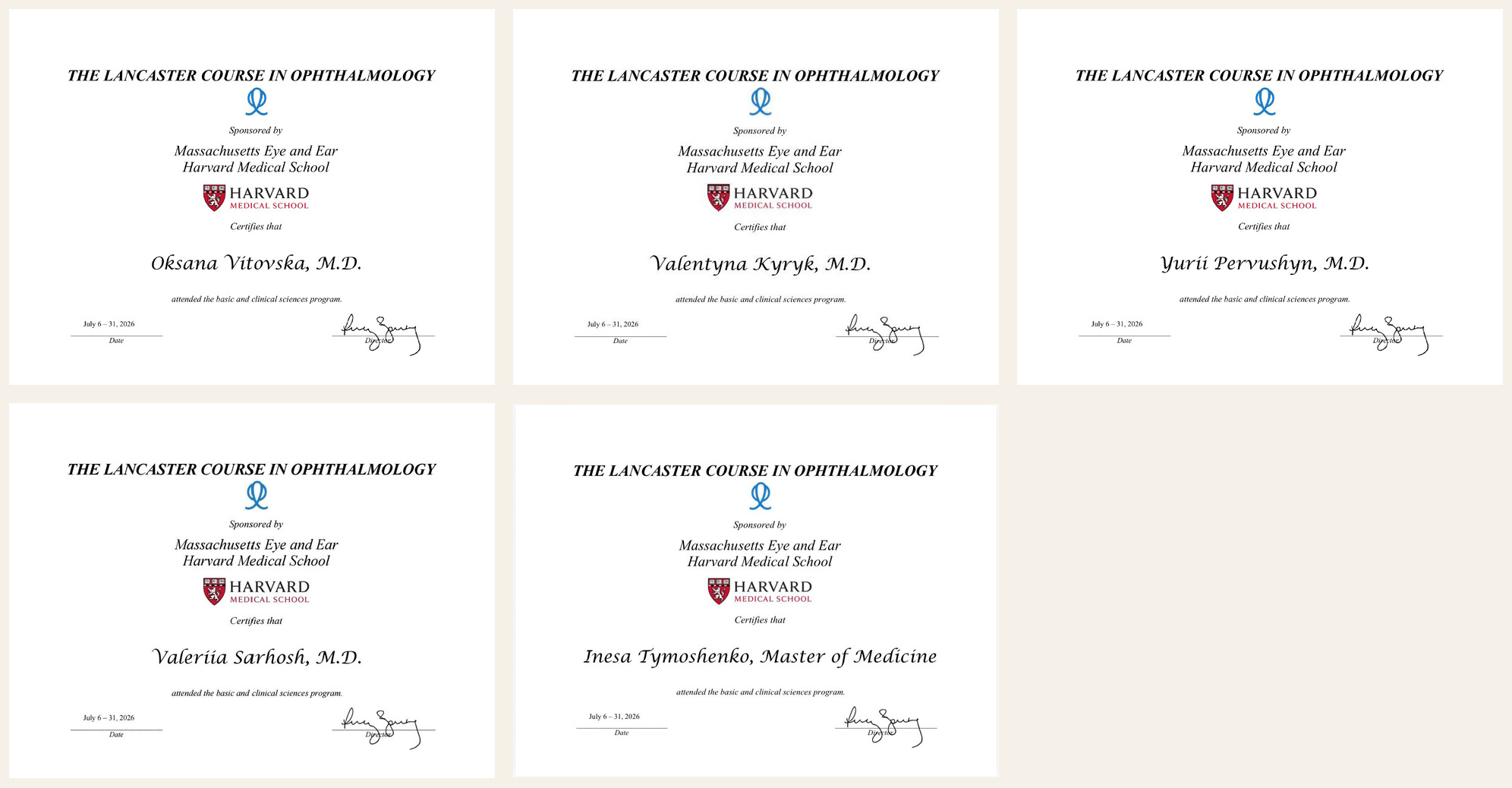 Сертифікати лікарів Німецької клініки зору про проходження Lancaster Course in Ophthalmology у Гарвардській медичній школі